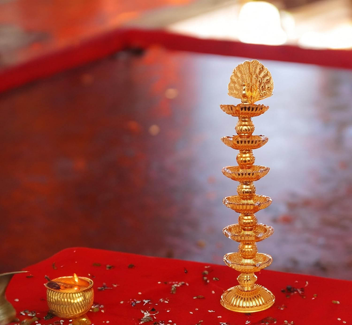 Peacock 6 Layer Electric Diya Pooja Diya LED Light Plastic (Pack of 1) Table Diya