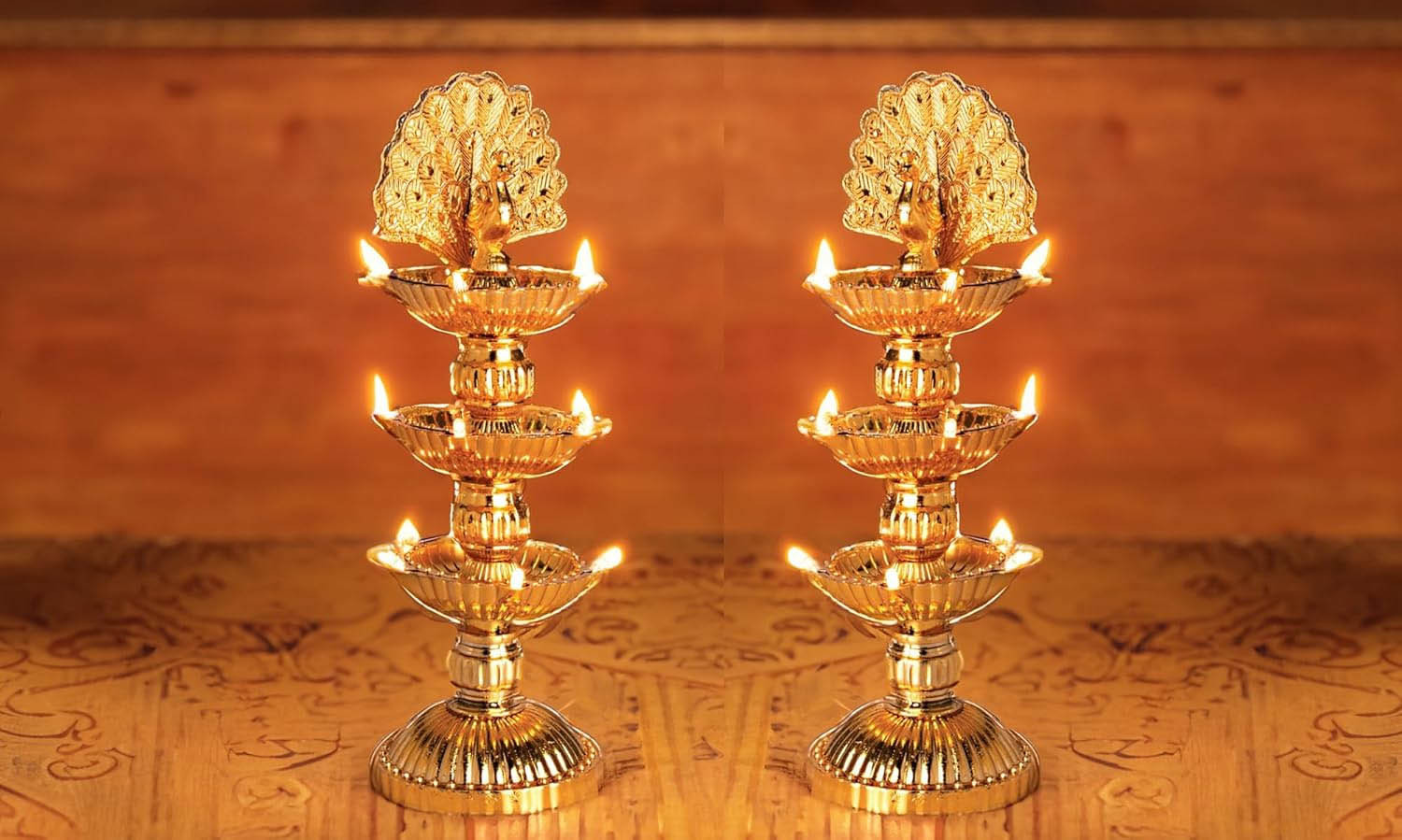 Nabhya 15 Deep Peacock 3 Layer Electric Gold LED Diya for Temple Table Diya Pack Of 2 Plastic (Pack of 2) Table Diya  (Height: 10 inch)