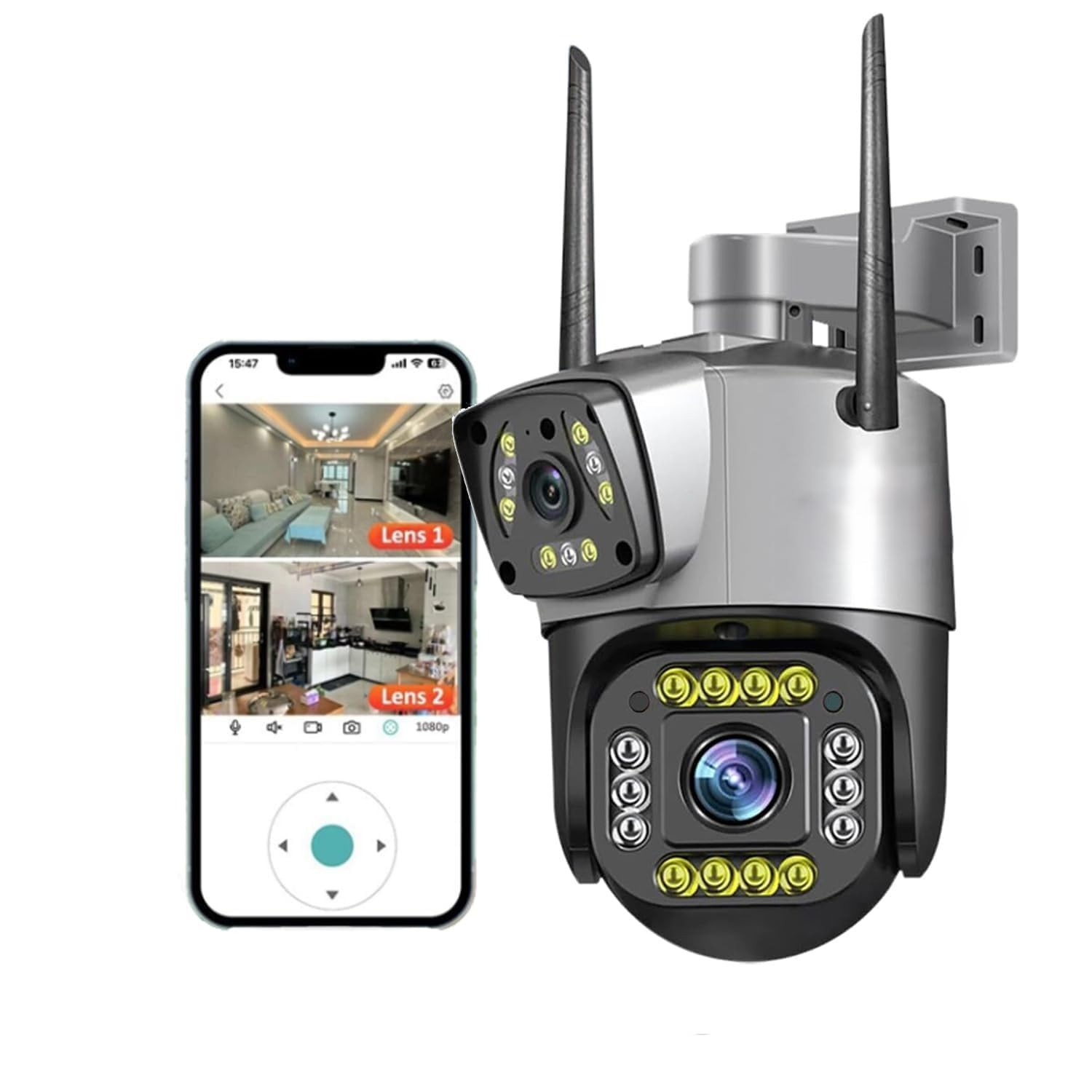 JB Supar WiFi 1080 P Security Camera, 2-Way Voice Call 10-15m Human Ear Level Pickup, 6MP Motion Detection 110-240V Rotatable IP66 Surveillance Camera for Outdoor (Dual Lens PTZ)