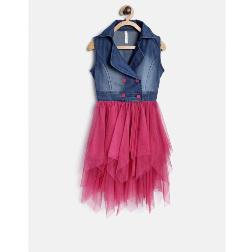 Girl's Polyester Crepe-Net Solid Shoulder Straps Shirt collar Dress (Blue-Pink)