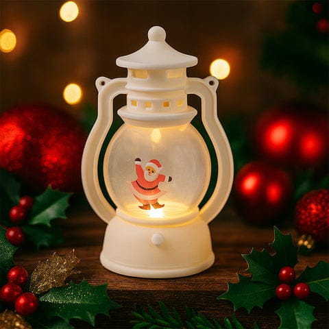 Mini LED Lantern with Santa Figurine – Warm Ambient Night Light & Festive Tabletop Décor | Battery-Operated, On/Off Switch (1 Pc)