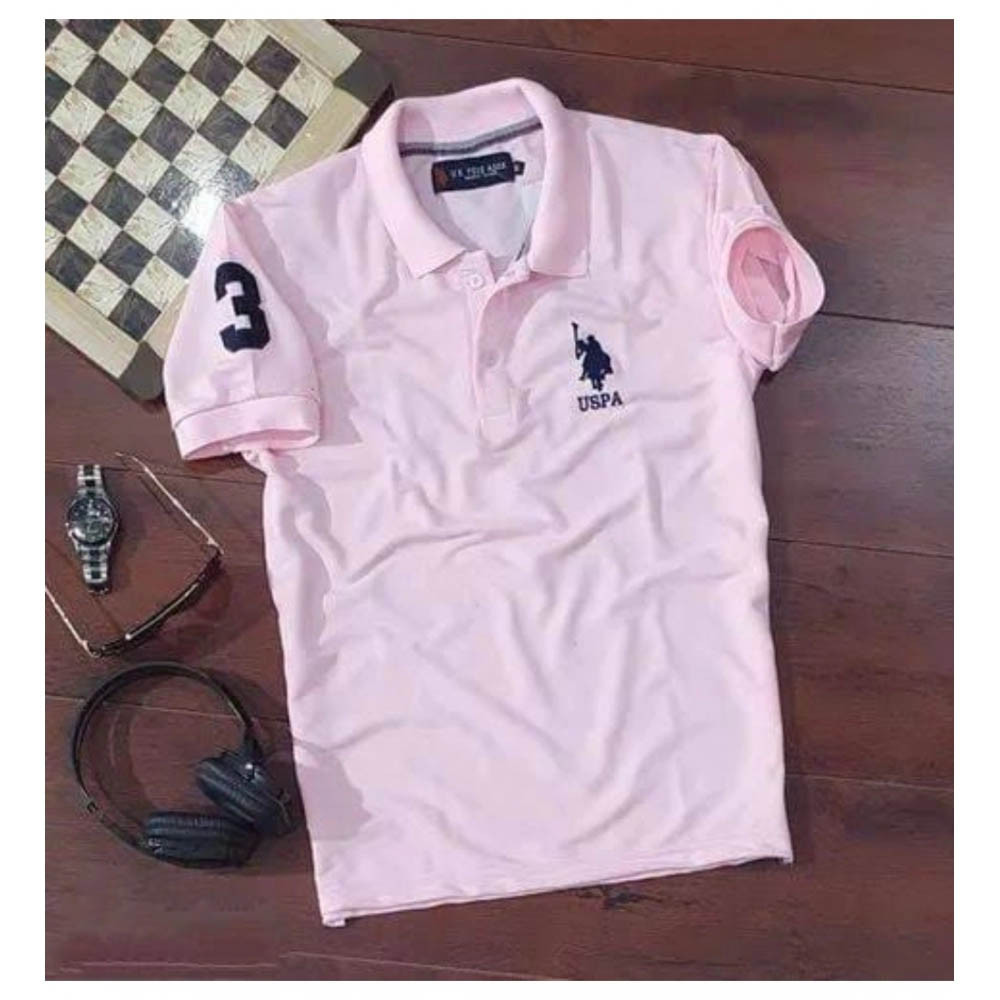 Men's Casual Half sleeve Solid Cotton Polo Neck T-shirt (Pink)