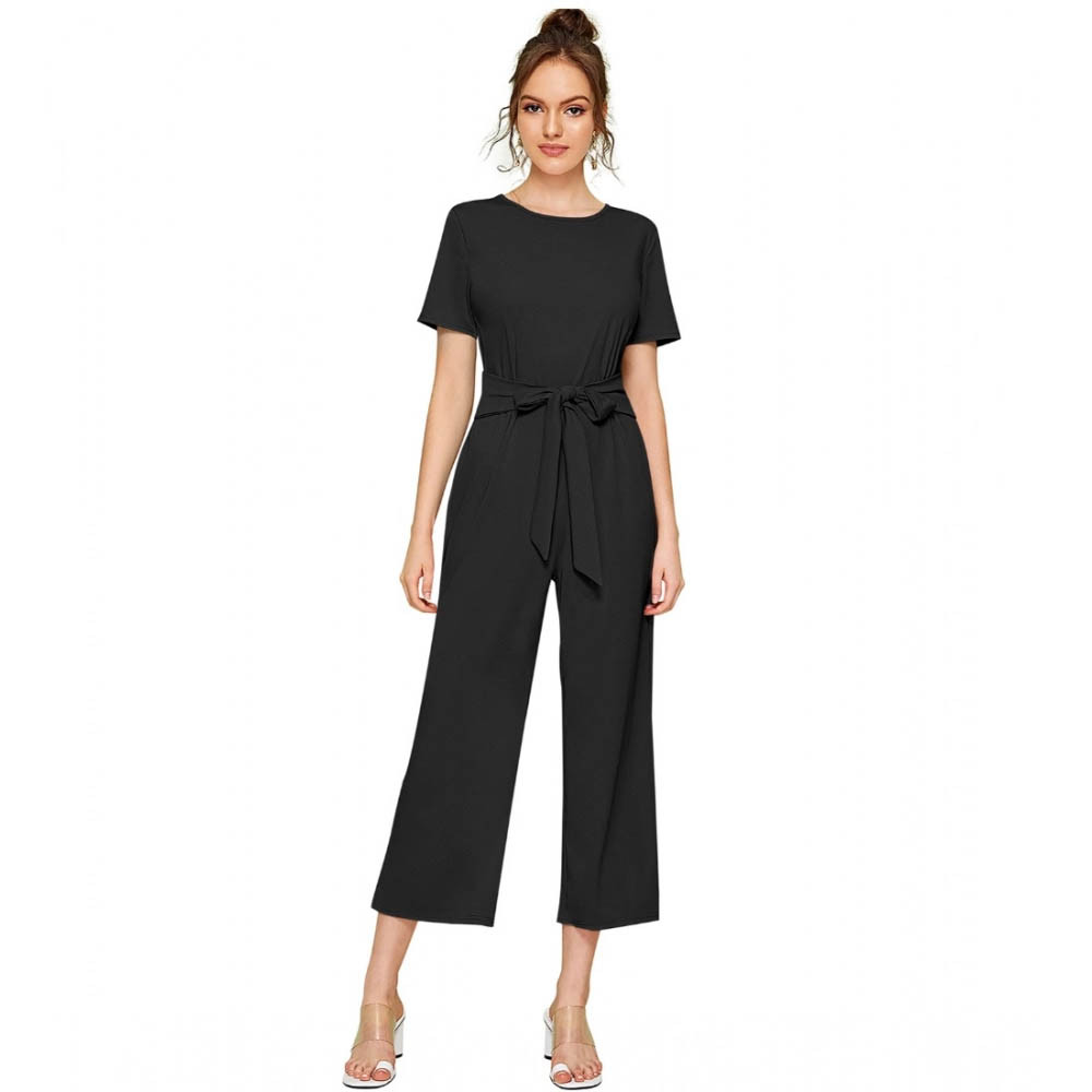 Women's Knitting stretchable Solid Round Neck Cap Sleeve Jumpsuit