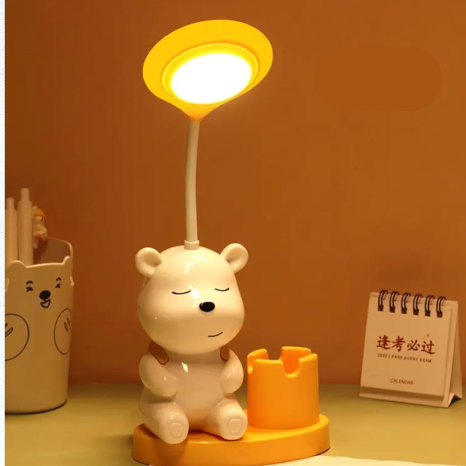 Kids Study Lamp Penholder-Adjustable Desk Light, Built-in Pen Holder, Eye-Caring LED, Energy-Efficiant, Ideal for Homework, Reading, and School Homework. (Bunny Table Lamp)