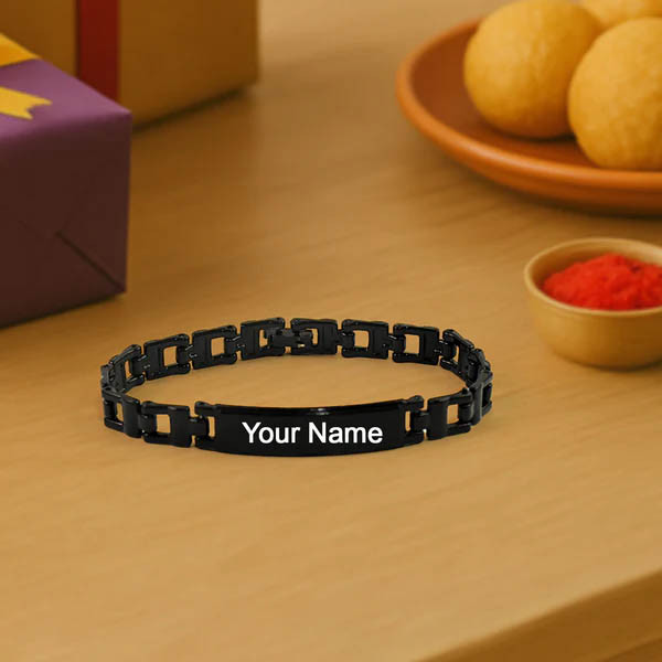 Custom Black Metal Name Bracelet – Personalized Engraved Chain for Men