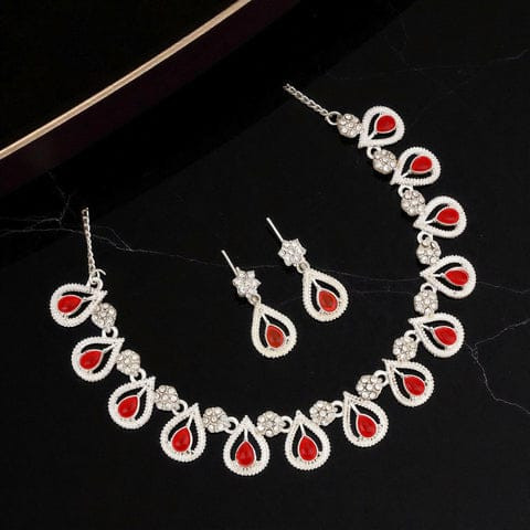 Traditional ethnic oxidized silver-toned necklace and matching drop earrings