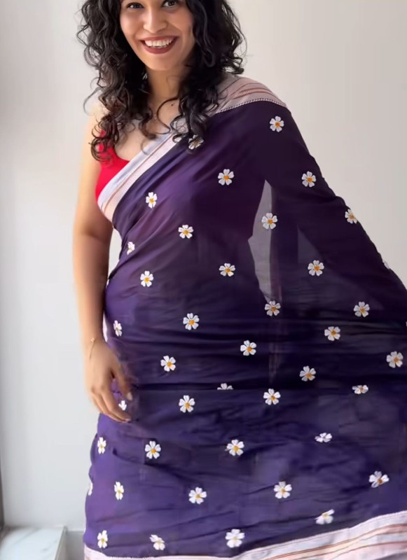 Soild Khadi Silver Zori Border saree with beautiful  Nayantara Embroidery Worked