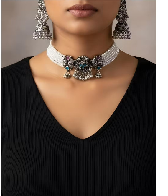 Elegant oxidised silver chocker necklace with jhumka